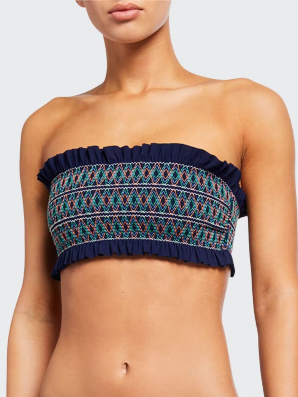 Tory Burch Costa Bikini Swim Suit Top Smocked Strapless Bandeau Navy Blue Large